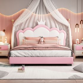 Full size Upholstered Princess Bed With Crown Headboard,Full Size Platform Bed with Headboard and Footboard, White+Pink