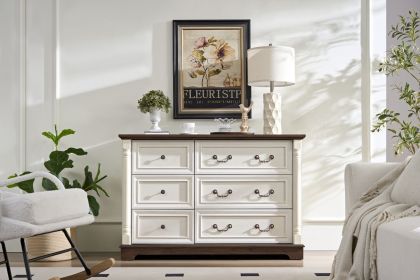 Farmhouse Style 6 Drawer Dresser Chest with Base Wooden Rustic Chest of Drawers, Storage Dresser Organizer for Bedroom, Living Room