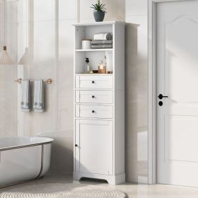 White Tall Storage Cabinet with 3 Drawers and Adjustable Shelves for Bathroom, Study, Office and Interior