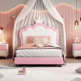 Twin size Upholstered Princess Bed With Crown Headboard,Twin Size Platform Bed with Headboard and Footboard,White+Pink