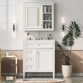 30'' Bathroom Vanity with Top Sink, Modern Bathroom Storage Cabinet with 2 Drawers and a Tip-out Drawer, Freestanding Vanity Set with Mirror Cabinet