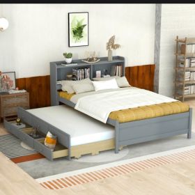 Full Size Bed With USB Type-C Ports, LED Light, Bookcase Headboard, Trundle And 3 Storage Drawers , Full Size Size Bed With Bookcase Headboard, Trundl