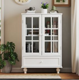 White Buffet Cabinet With Double Glass Doors And Drawer, Modern Wooden Storage Sideboard Cupboard Living Room, Dining Room Hallway Entry