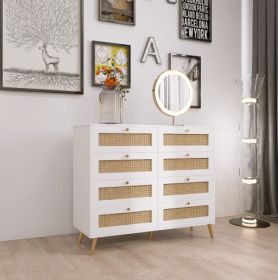 White Color 8 Drawers Chest Of Drawers With Rattan Drawer Face Golden Legs And Handles