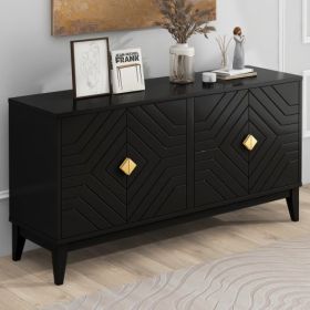 4-door Sideboard Storage Cabinet For Living And Dining Room, Two Large Cabinets With Gold Handle And Adjustable Shelves, Black