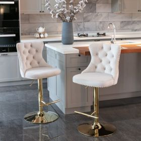 Golden Swivel Velvet Barstools Adjusatble Seat Height From 25-33 Inch Beige,Set Of 2