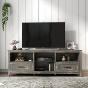 70 Inch Length TV Stand For Living Room And Bedroom, With 2 Drawers And 4 High-Capacity Storage Compartment, Black Pine