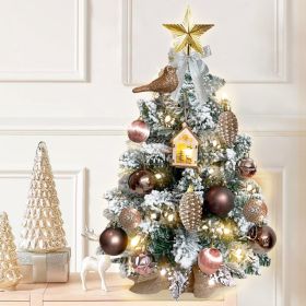 2ft Mini Christmas Tree With Light Woodland Artificial Small Tabletop Christmas Decoration With Flocked Snow, Exquisite Decor & Xmas Ornaments For Tab (Option: Woodland Brown)