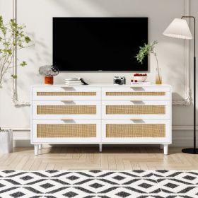 Rattan Dresser With Drawers, 6 Drawer Dresser For Bedroom, Clothes Storage Cabinet For Bedroom, Metal Handle&Wood Legs For Hallway, Living Room, Bedro (Color: White)