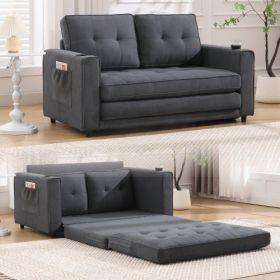 VIDEO Provided 3-in-1 Upholstered Futon Sofa Convertible Sofa Bed,Foldable Tufted Loveseat With Pull Out Sleeper Couch Bed (Option: Dark Gray)