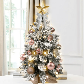 22in Tabletop Christmas Tree With Light Artificial Small Mini Red Christmas Decoration With Flocked Snow, Exquisite Decor & Xmas Ornaments For Table T (Option: Rose gold)