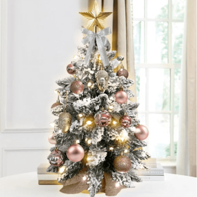 22in Mini Christmas Tree With Lights, Rose Gold Artificial Small Tabletop Christmas Tree With Flocked Snow, Exquisite Decor & Xmas Decorations For Tab (Color: Champagne)