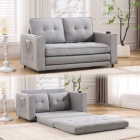 VIDEO Provided 3-in-1 Upholstered Futon Sofa Convertible Sofa Bed,Foldable Tufted Loveseat With Pull Out Sleeper Couch Bed (Option: Light Gray)