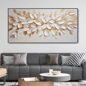 Handmade Oil Painting Gold Foil Flower Knife Canvas Painting Abstract Blooming White Floral Modern Light Luxury Texture Art Premium Home Wall Decor (Style: 01, size: 40x80cm)