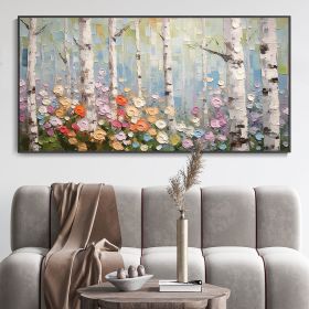 Hand Painted Oil Painting Birch Forest Colorful Decor Art Hand Painted Forest Plant Painting Birch Forest Landscape Texture Artwork Blooming Flowers C (Style: 01, size: 40x80cm)