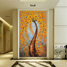 Hand Painted Oil Painting Orange Flowering Cherry Blossom Tree Painting Living Room Decor Wall Art Picture Thick Palette Knife Oil Painting On Canvas (Style: 01, size: 70x140cm)