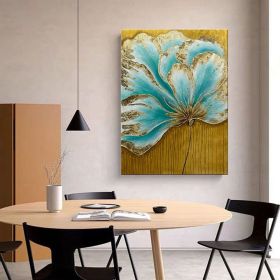 3D Original Gold Blue Abstract Oil Painting on Canvas Blue Flowers Painting Large Textured Floral Art Gold Wall Art Modern Home Decor (Style: 01, size: 60X90cm)