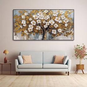 3DTextured Wall Art Gold Foil Painting Trees Art Original Gold White Blooming Tower Tree Painting On Canvas Living Room Art Natural Painting (Style: 01, size: 60x120cm)