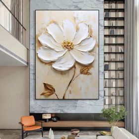 Large Flower Texture Painting,White and Gold Floral Painting White Texture Wall Painting 3D Flower Oil Painting,Modern Canvas Wall Art (Style: 01, size: 60X90cm)