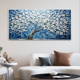 Handmade Oil Painting Tree On Canvas Original Abstract Tree Of Life Wall Art White Flower Nature Home Decor Gift For Friend Palette Knife Painting (Style: 01, size: 70x140cm)