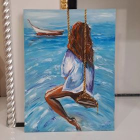 Girl On Ocean Swing Wall Decor Beach Swing Canvas Art A girl on a swing Ocean and girl oil painting on canvas (Style: 01, size: 80x120cm)