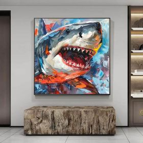 Shark Oil Painting Animal Original Oil Art Fish Wall Decor Underwater Artwork 100% Handmade Painting (Style: 01, size: 140x140cm)