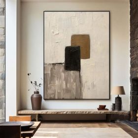 Large Creamy Beige Abstract Geometric Oil Painting Modern Wabi Sabi Wall Art Brown and Black Minimalist Wall Art Beige Textured Painting (Style: 01, size: 100X150cm)