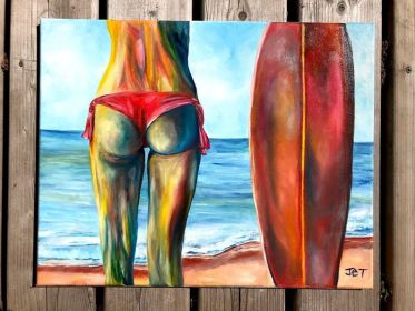 abstract surfer girl on beach oil paint on canvas of butt varnished artwork gift idea colourful woman by the water Decor (Style: 01, size: 70x100cm)