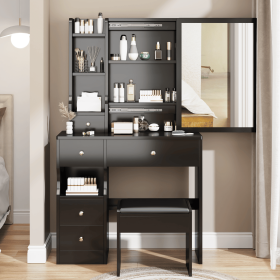 Small Space Left Drawer Desktop Vanity Table + Cushioned Stool, Extra Large Right sliding mirror, Multi Layer High Capacity Storage (Color: as Pic)