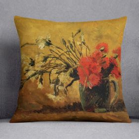 Vase with Red and White Carnations on Yellow Background by Van Gogh Cushion (Insert: With Insert, size: 18" X 18")