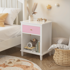 26.77''H Wooden Nightstand with One Drawer One Shelf for Kids (Color: Pink, Material: MDF)