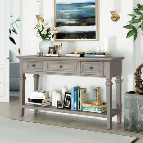 Classic Retro Style Console Table with Three Top Drawers and Open Style Bottom Shelf,Easy Assembly (Color: Gray Wash, Material: Solid Wood)