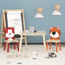 Kids Table and 2 Chairs Set, 3 Pieces Toddler Table and Chair Set, Wooden Activity Play Table Set (Color: Natural, Pattern: Bear&Tiger)