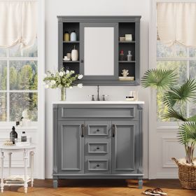 36'' Bathroom Vanity with Top Sink, Grey Mirror Cabinet, Modern Bathroom Storage Cabinet with 2 Soft Closing Doors and 2 Drawers (Color: Grey, Material: MDF)