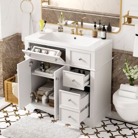 36'' Bathroom Vanity with Resin Sink Combo, Solid Wood Frame Bathroom Storage Cabinet, Freestanding Vanity Set with 3 Drawers& Adjustable Shelf (Color: White, Material: Solid Wood+MDF+Resin)