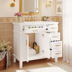 36-inch Bathroom Vanity with Resin Sink, Modern Bathroom Cabinet, Featuring Two Soft Close Doors and Four Drawers (Color: White, Material: Solid Wood+MDF+Resin)