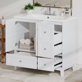 36" Modern Bathroom Vanity with USB Charging, Two Doors and Three Drawers Bathroom Storage Vanity Cabinet (Color: White, Material: Solid Wood+MDF+Resin)