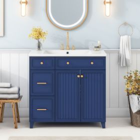 36-inch Bathroom Vanity, Transitional Style Bathroom Cabinet with Resin Sink, Single Bathroom Cabinet, with 2 Drawers and 1 Adjustable Storage Shelf (Color: Navy Blue, Material: Solid Wood+MDF+Resin)