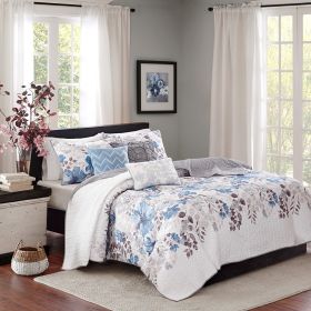 6 Piece Printed Quilt Set with Throw Pillows Blue King/Cal King (Color: as Pic)