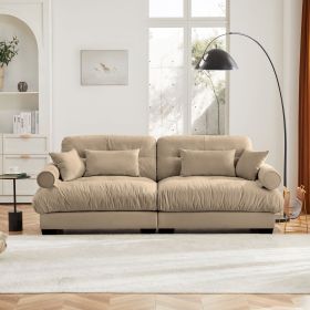 Modern Two-Seat Sofa with Bolstered Armrests,Velvet 2-Seat Sofa With Waist Pillows and Throw Pillows , Suitable for Living Room (Color: Camel)