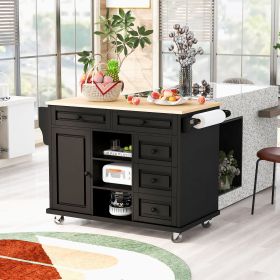 Kitchen cart with Rubber wood desktop rolling mobile kitchen island with storage and 5 draws 53 Inch length (Color: Black, Material: MDF)