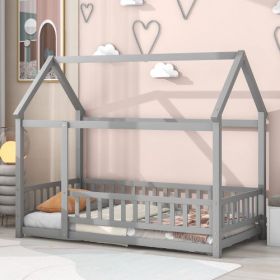 Twin Size Floor Wooden Bed With House Roof Frame, Fence Guardrails,Grey (Color: Grey)