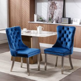 High-end Tufted Solid Wood Contemporary Velvet Upholstered Dining Chair With Chrome Stainless Steel Plating Legs,Nailhead Trim,Set Of 2 (Color: Blue)