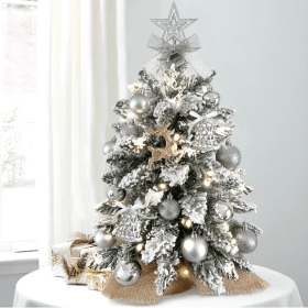 22in Mini Christmas Tree With Lights, Rose Gold Artificial Small Tabletop Christmas Tree With Flocked Snow, Exquisite Decor & Xmas Decorations For Tab (Color: Silver)