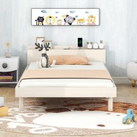 Modern Design Twin Size Platform Bed Frame With Built-in USB For White Washed Color (Option: White Washed)