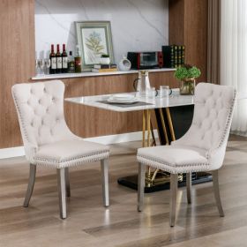 High-end Tufted Solid Wood Contemporary Velvet Upholstered Dining Chair With Chrome Stainless Steel Plating Legs,Nailhead Trim,Set Of 2 (Color: Beige)